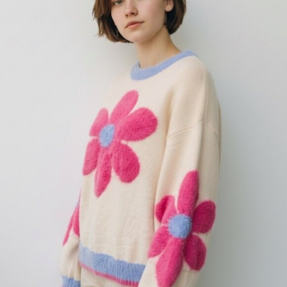 NWT LADIES SIZE S EASEL PINK DAISY CREW NECK LONG SLEEVE WARM SWEATER - Picture 3 of 7